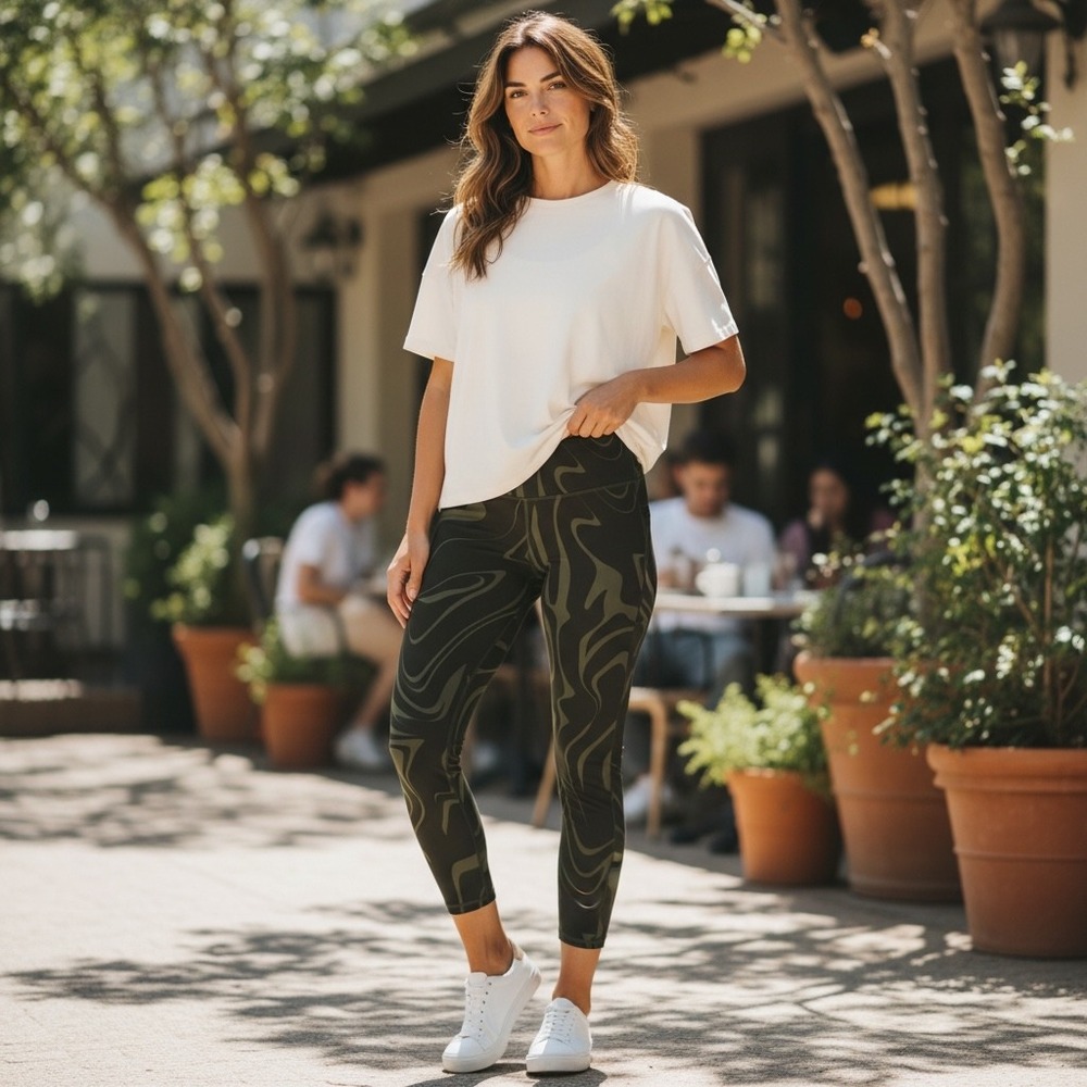 NEW‎ Universal Standard Core Leggings Swirl Print In Ivy 4XS (0) Camo Athleisure